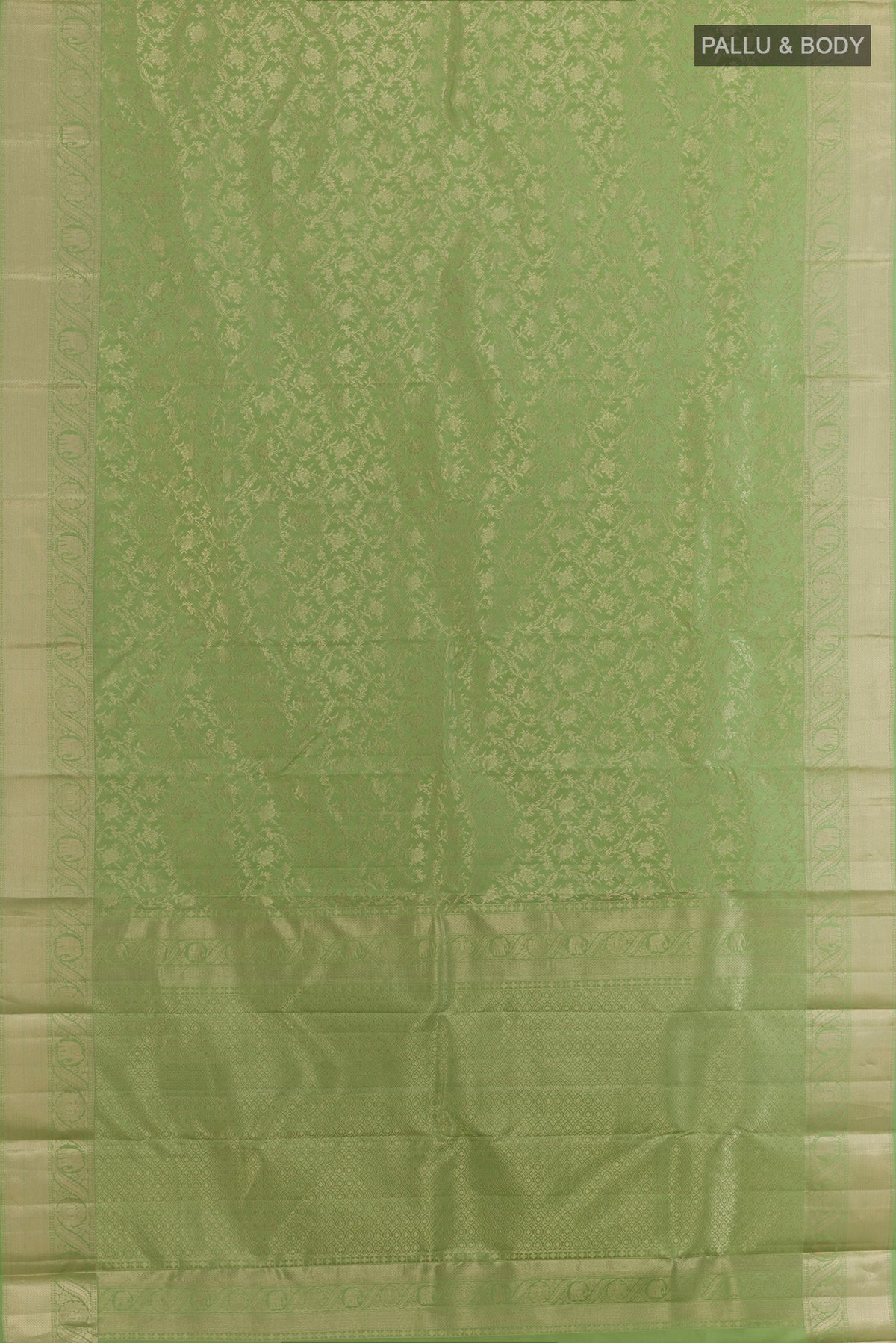 Flat view of Pure Silk Pista Green Kanjivaram Saree with Zari Brocade on the body and Zari Border. 