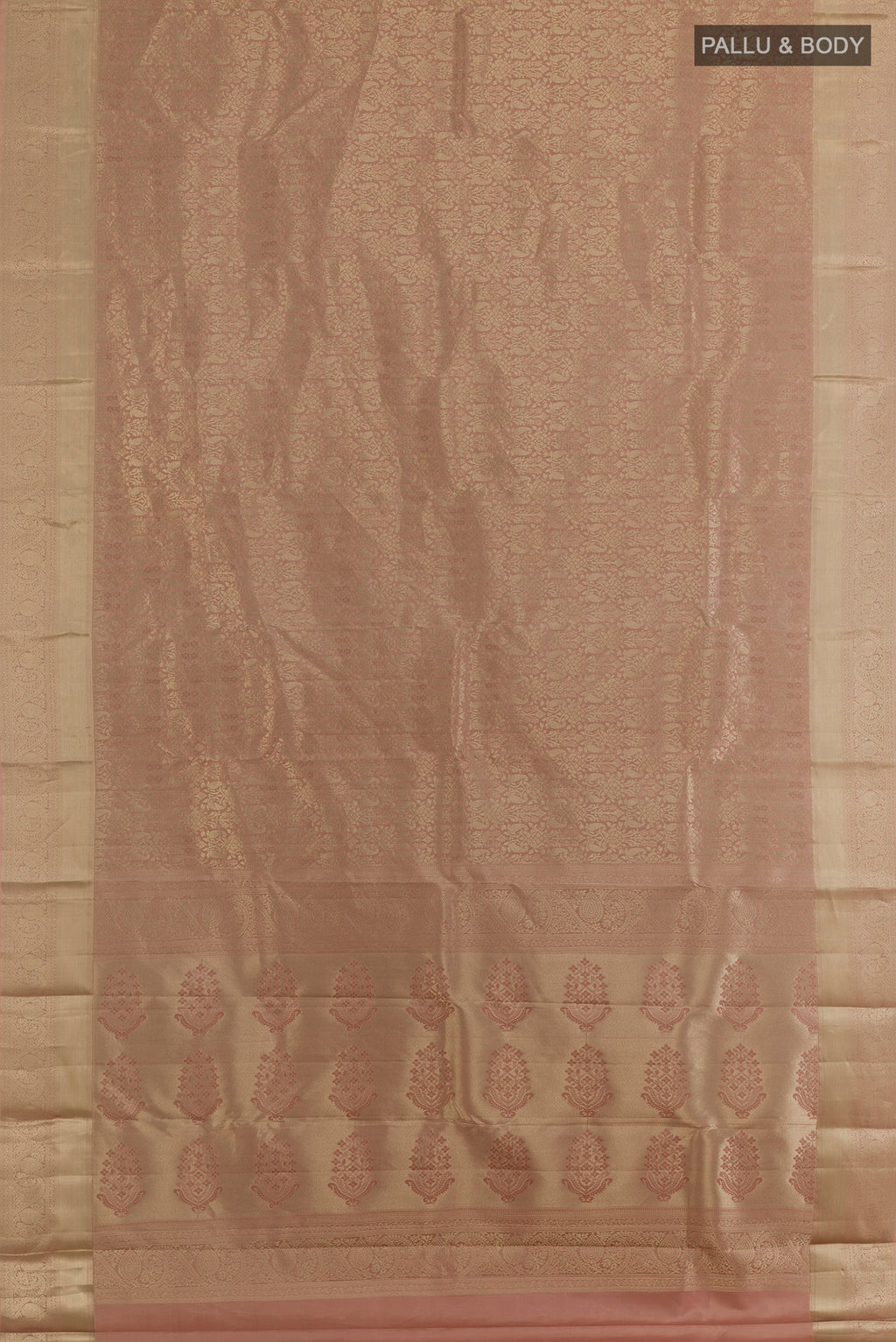 Flat view of Pure Silk Beige Kanjivaram Saree with Zari Brocade on the body and Zari Border. 