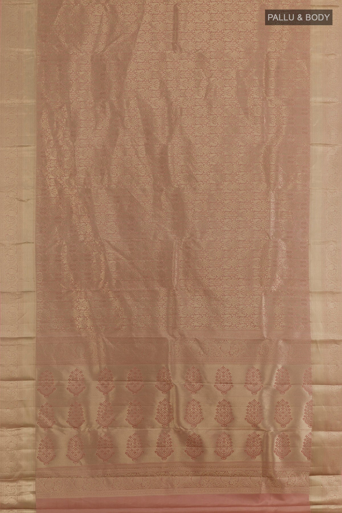 Flat view of Pure Silk Beige Kanjivaram Saree with Zari Brocade on the body and Zari Border. 