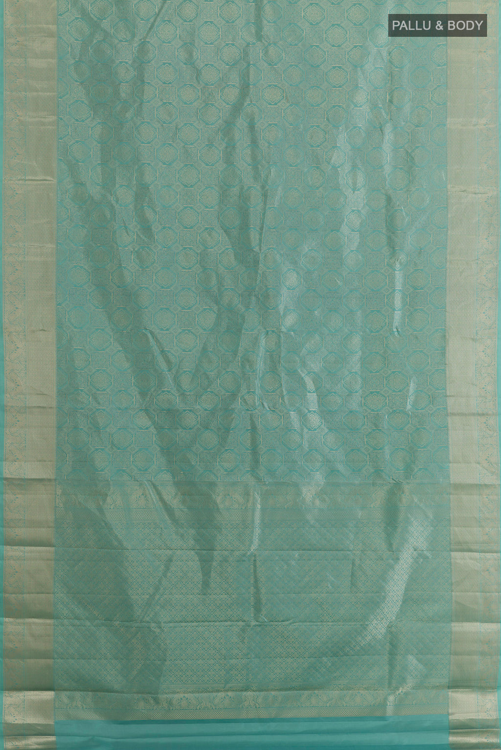 Flat view of Pure Silk Sea Green Kanjivaram Saree with Zari Brocade on the body and Zari Border. 