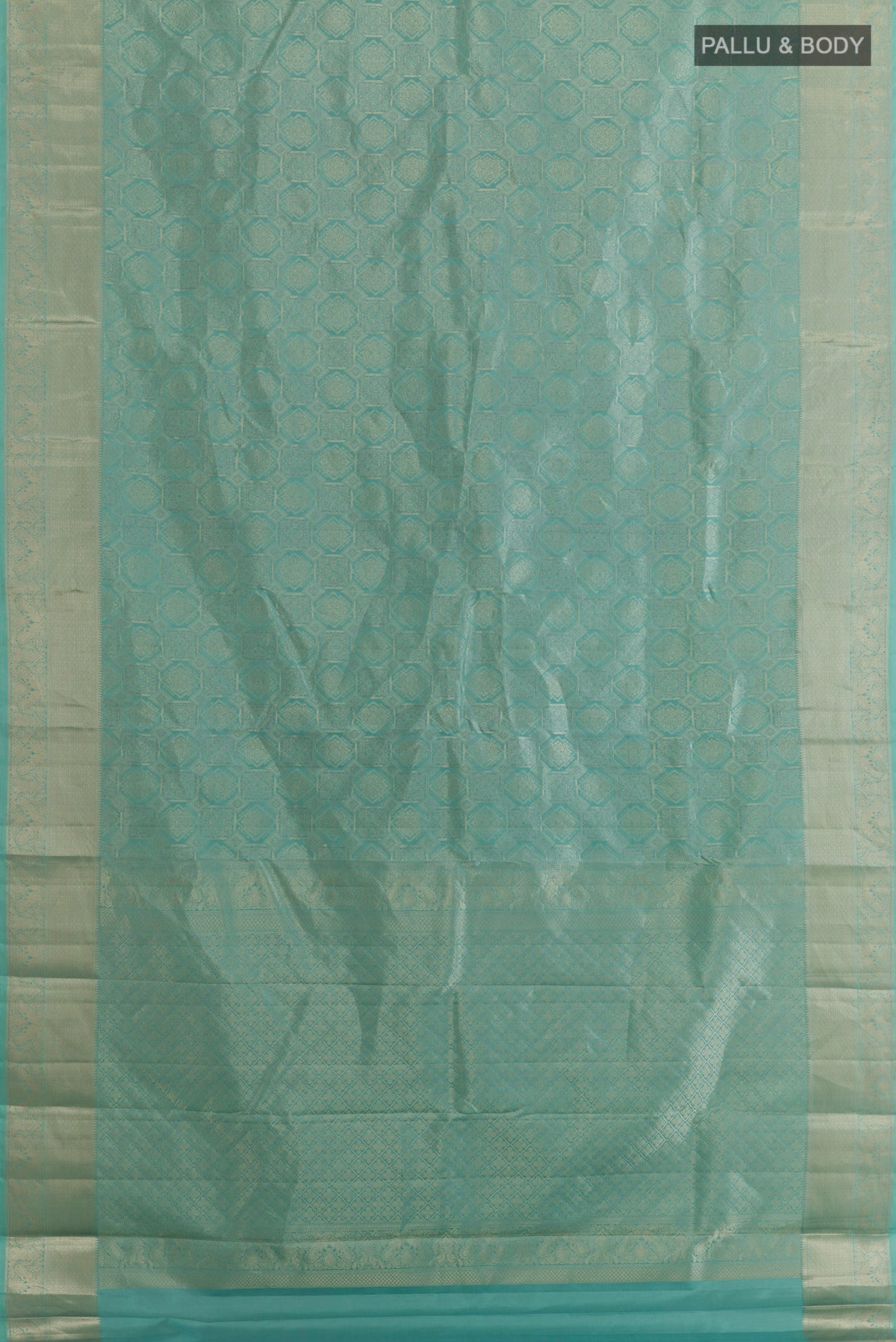 Flat view of Pure Silk Sea Green Kanjivaram Saree with Zari Brocade on the body and Zari Border. 
