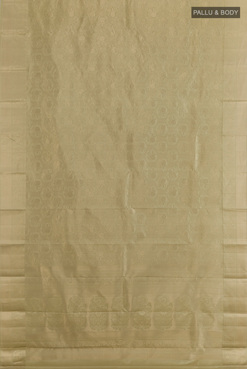 Flat view of Pure Silk Sage Green Kanjivaram Saree with Zari Brocade on the body and Zari Border. 