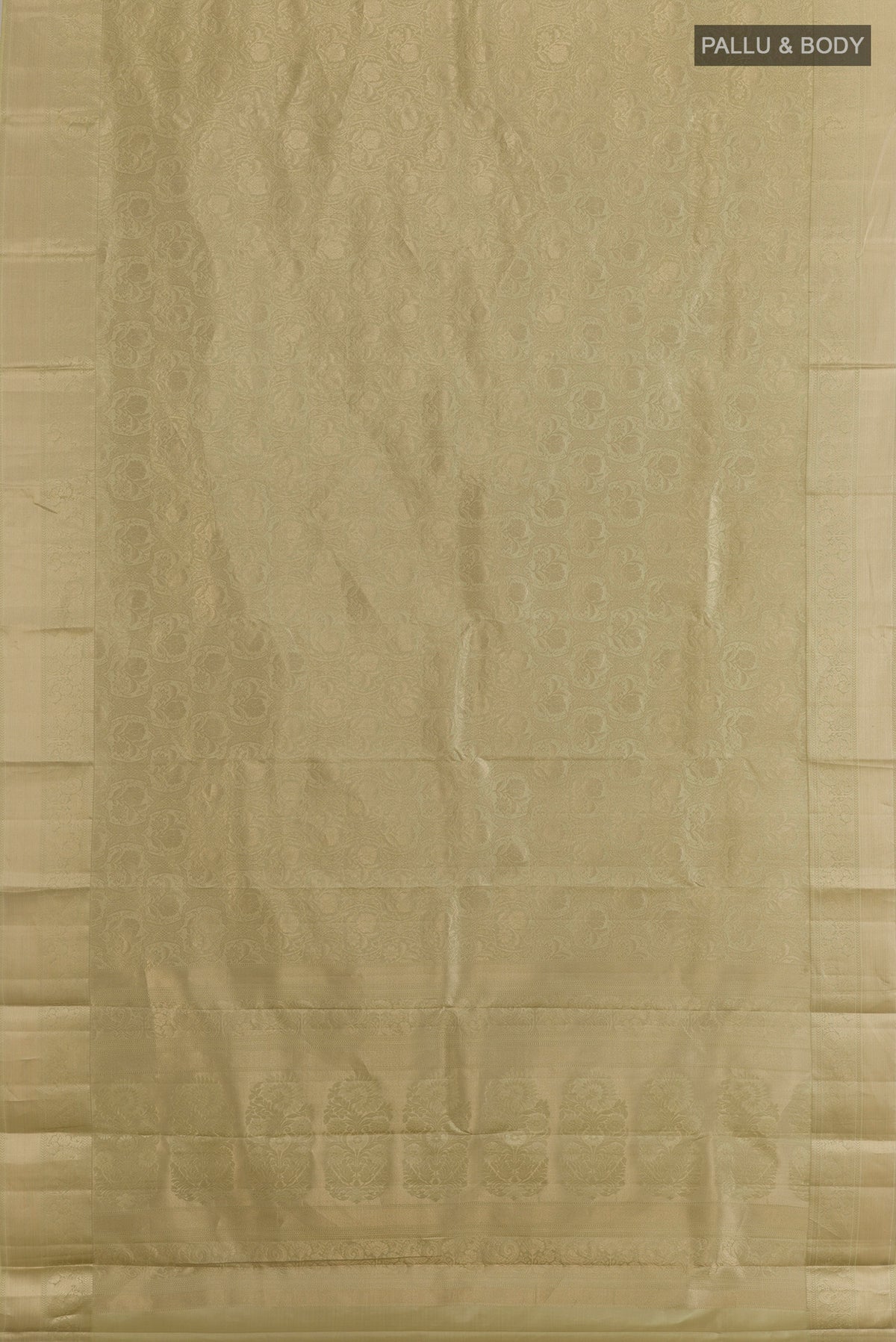 Flat view of Pure Silk Sage Green Kanjivaram Saree with Zari Brocade on the body and Zari Border. 