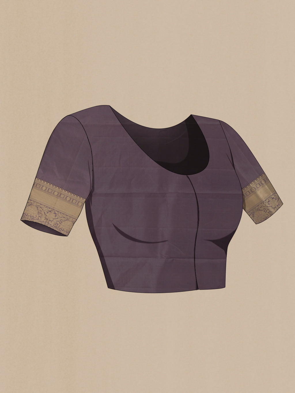 Close up image of the blouse of Pure Silk Grey Kanjivaram Saree with Zari Brocade on the body and Zari Border. 