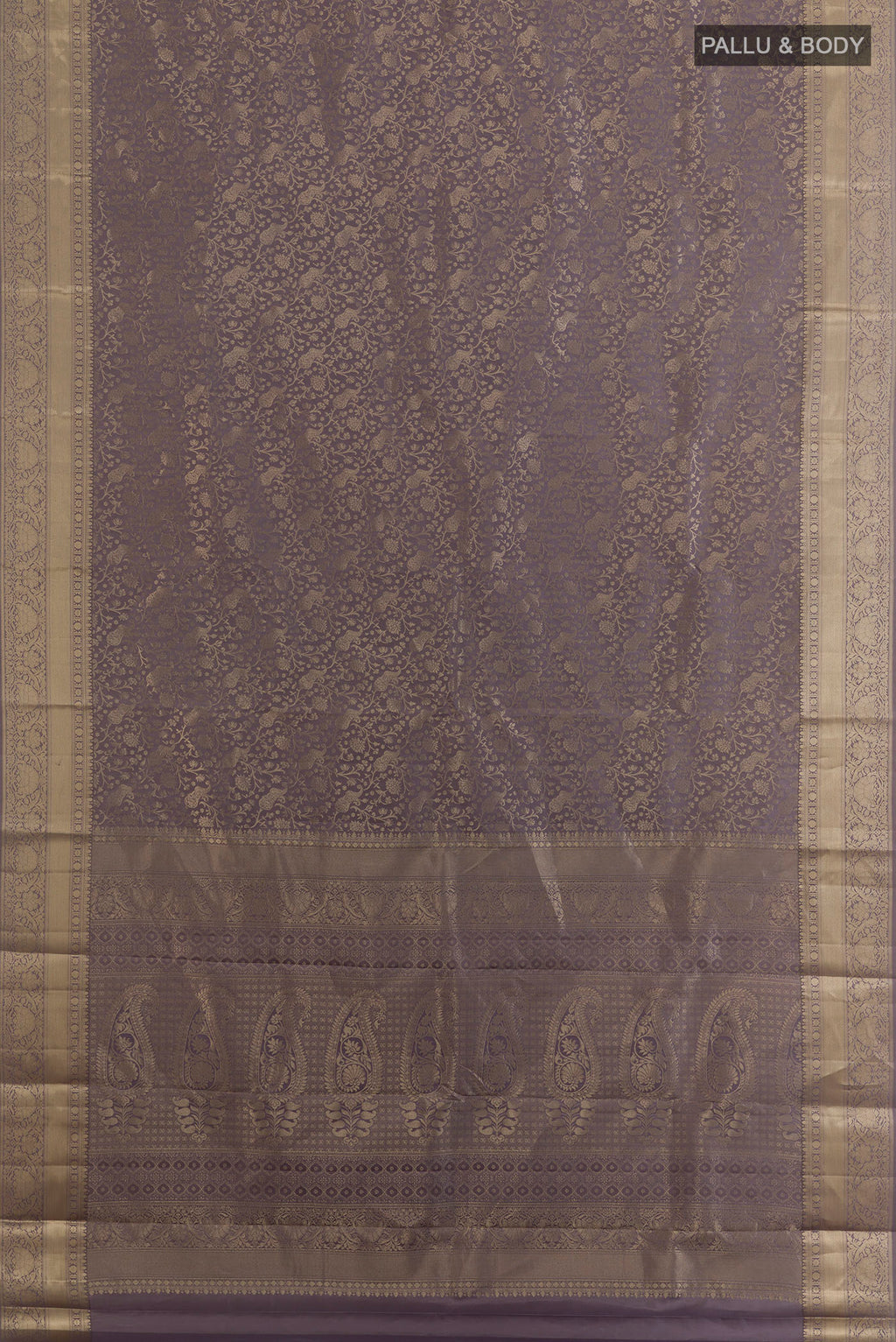 Flat view of Pure Silk Grey Kanjivaram Saree with Zari Brocade on the body and Zari Border. 