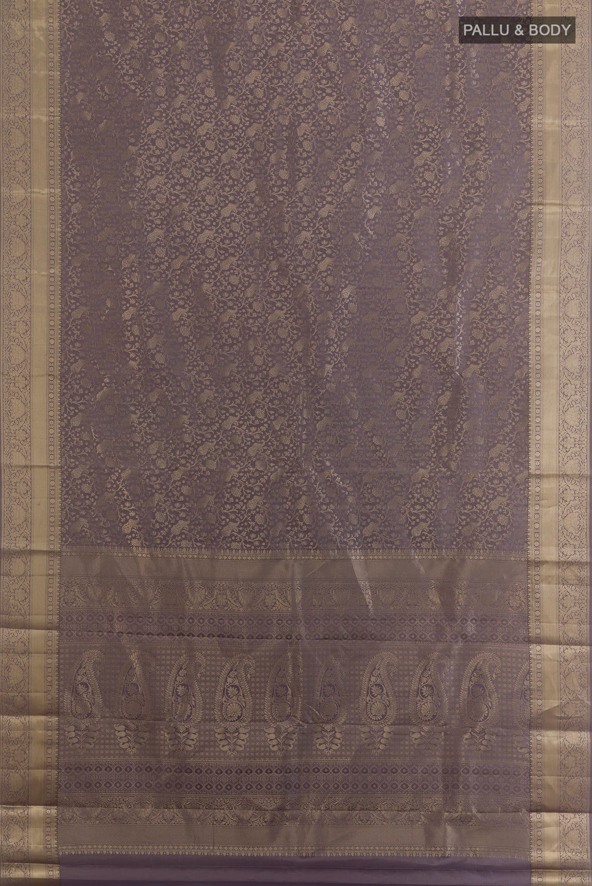 Flat view of Pure Silk Grey Kanjivaram Saree with Zari Brocade on the body and Zari Border. 