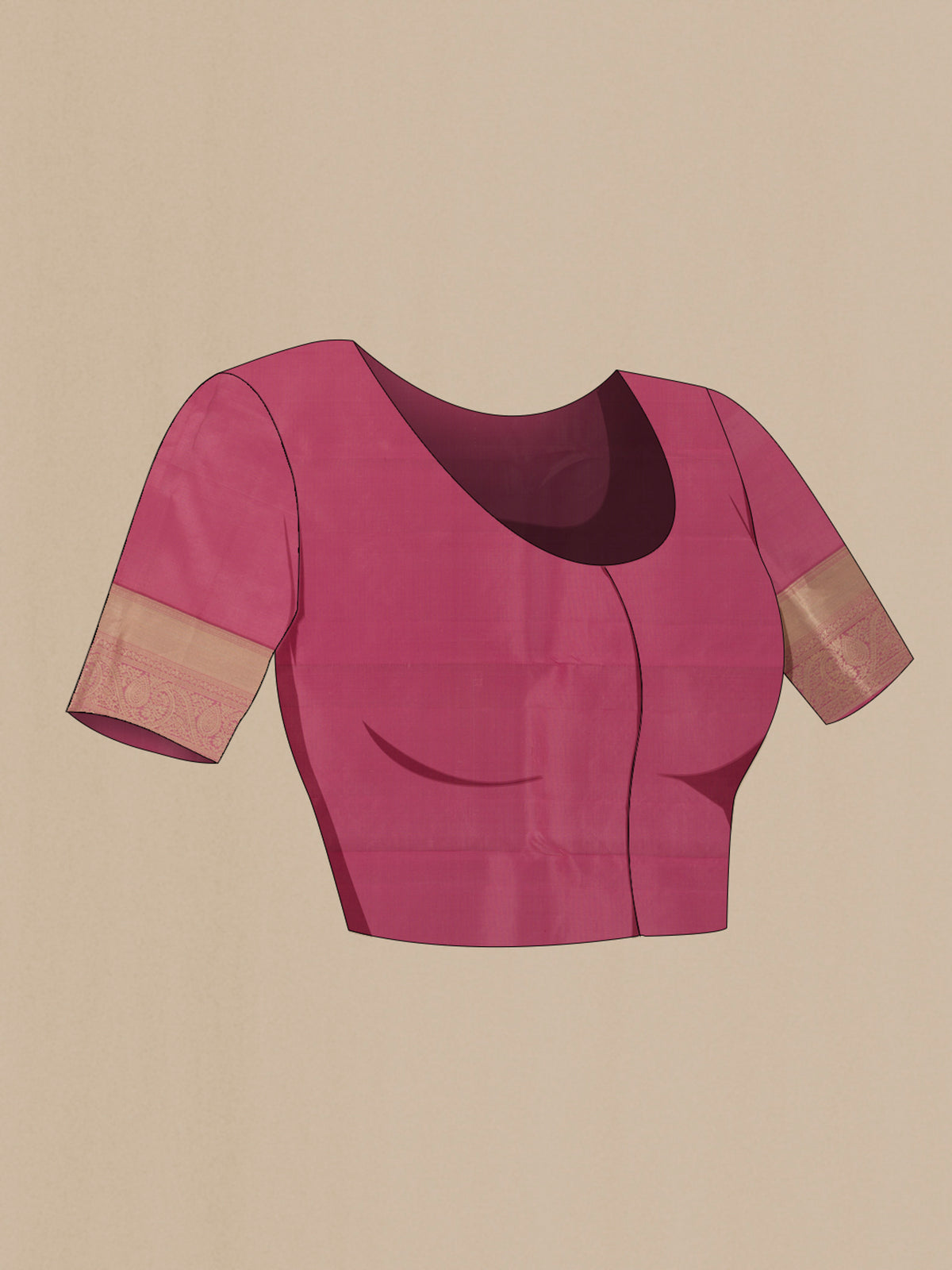 Close up image of the blouse of Pure Silk Pink Kanjivaram Saree with Zari Brocade on the body and Zari Border. 