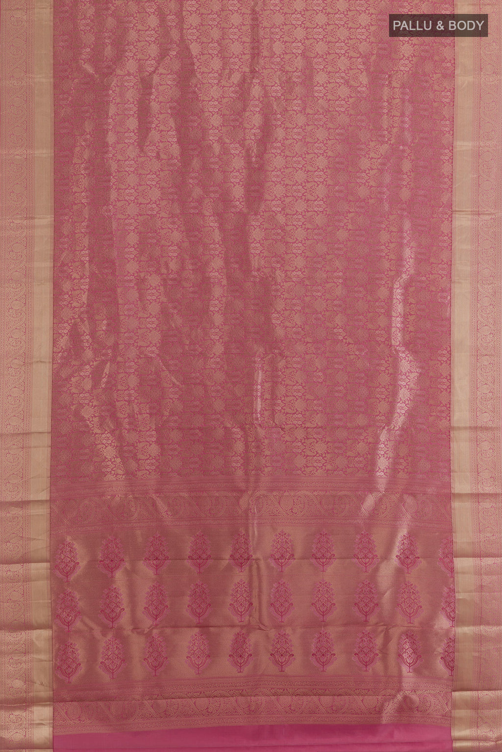 Flat view of Pure Silk Pink Kanjivaram Saree with Zari Brocade on the body and Zari Border. 