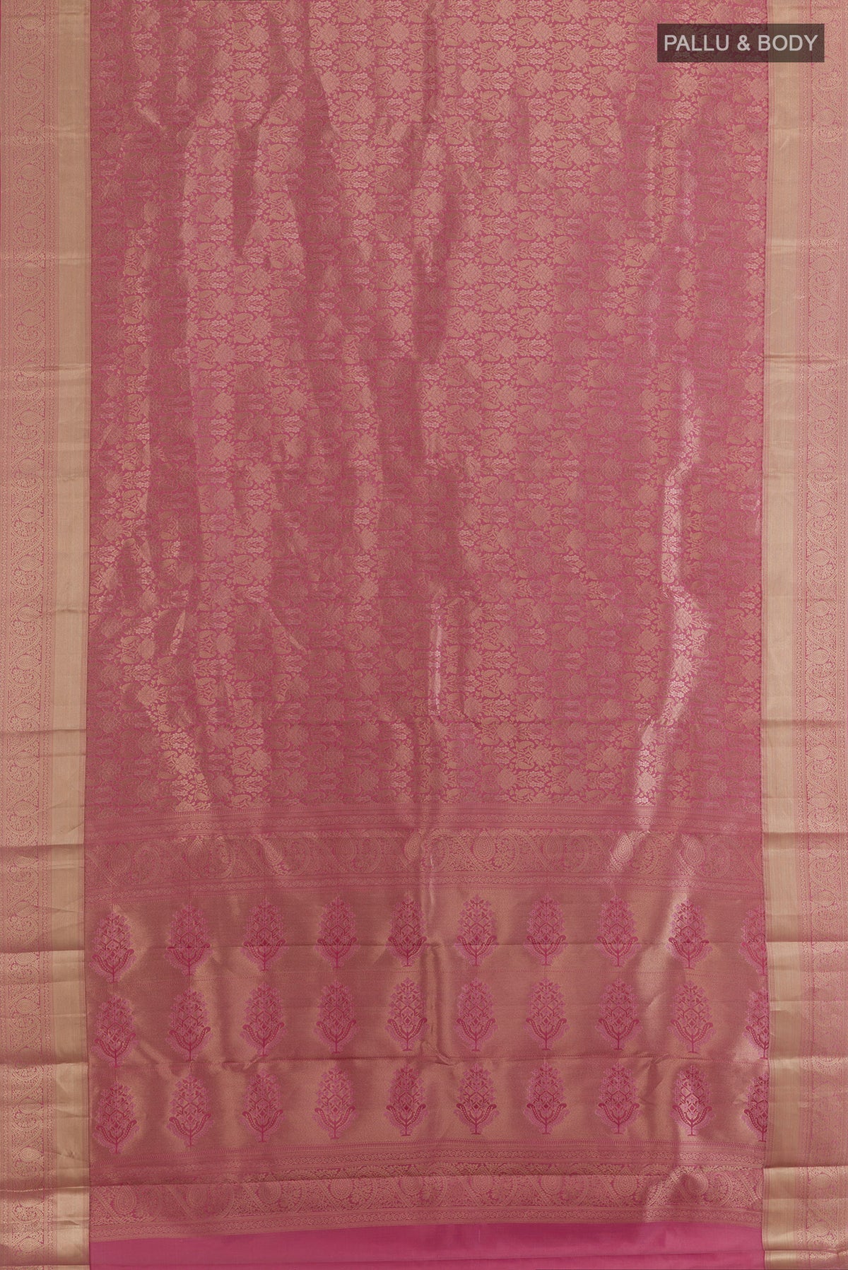 Flat view of Pure Silk Pink Kanjivaram Saree with Zari Brocade on the body and Zari Border. 