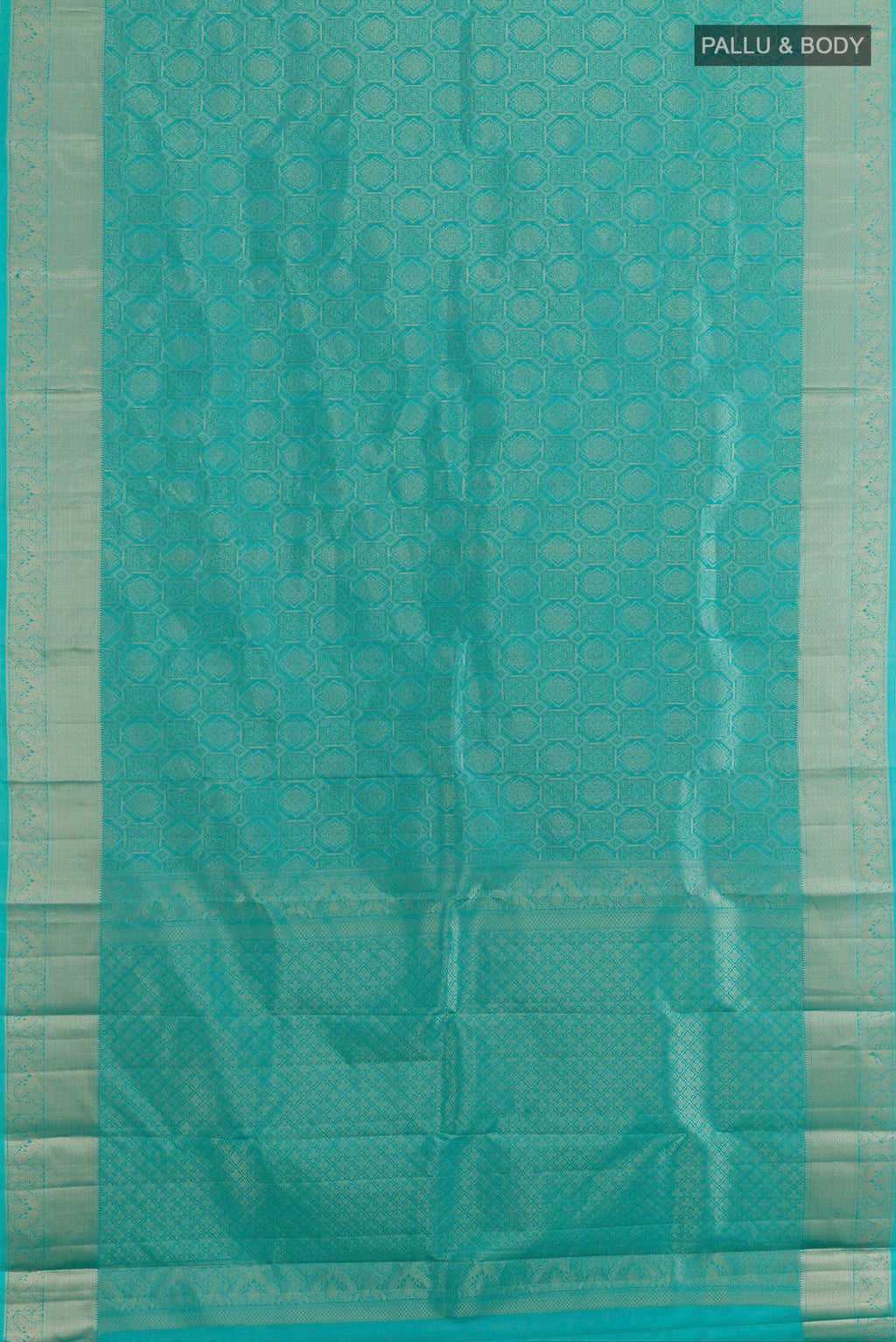 Flat view of Pure Silk Turquoise Kanjivaram Saree with Zari Brocade on the body and Zari Border. 