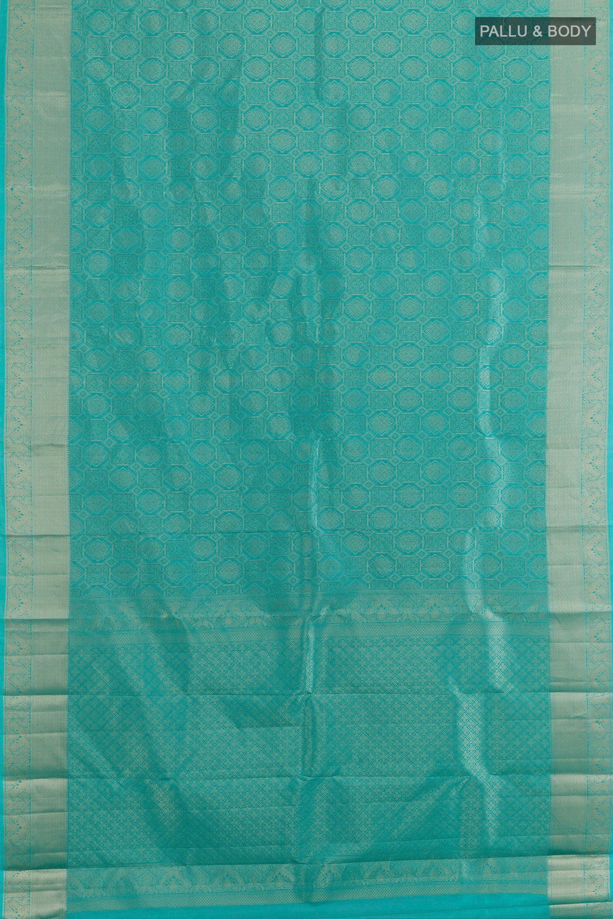 Flat view of Pure Silk Turquoise Kanjivaram Saree with Zari Brocade on the body and Zari Border. 