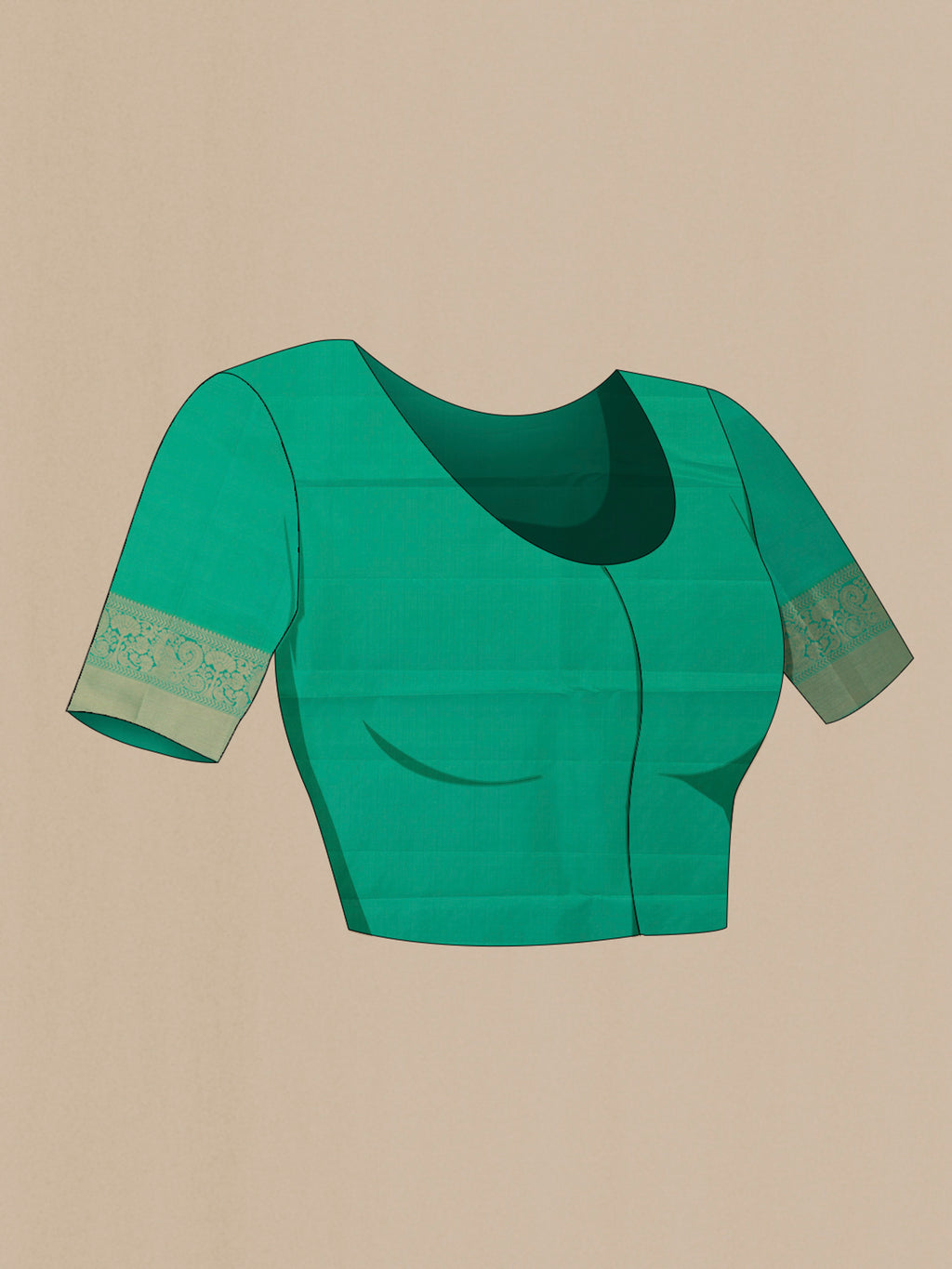 Close up image of the blouse of Pure Silk Sea Green Kanjivaram Saree with Zari Brocade on the body and Zari Border. 