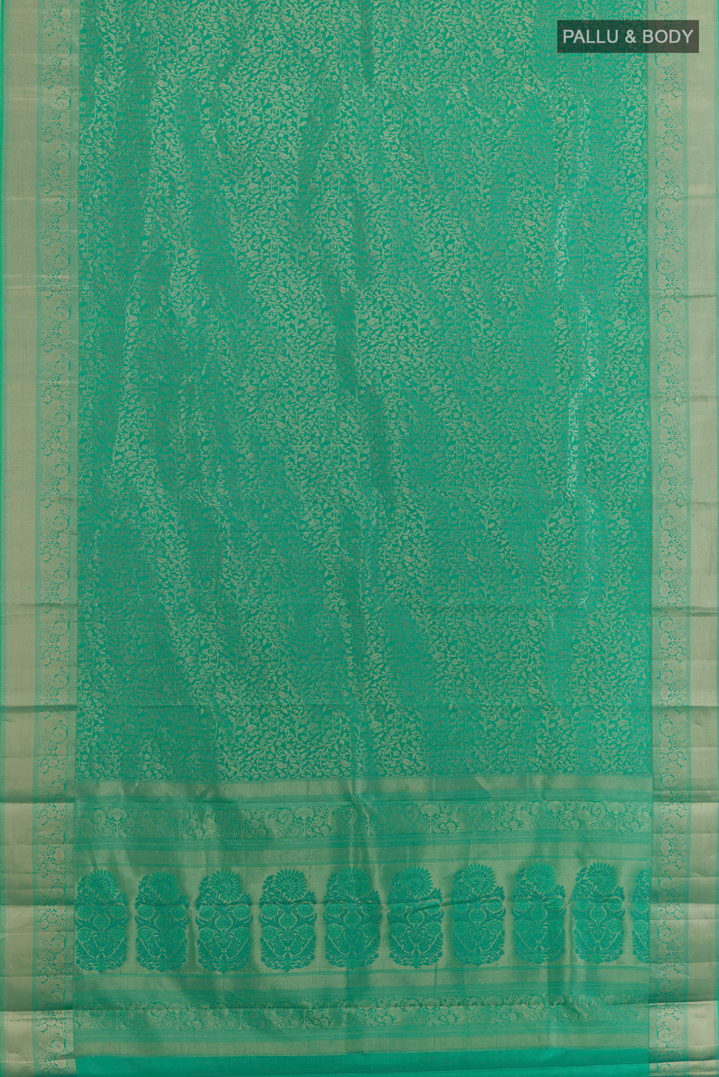 Flat view of Pure Silk Sea Green Kanjivaram Saree with Zari Brocade on the body and Zari Border. 