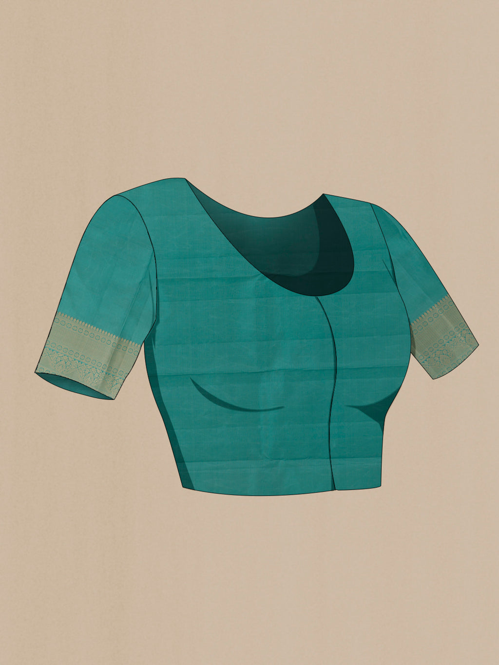 Close up image of the blouse of Pure Silk Turquoise Kanjivaram Saree with Zari Brocade on the body and Zari Border. 