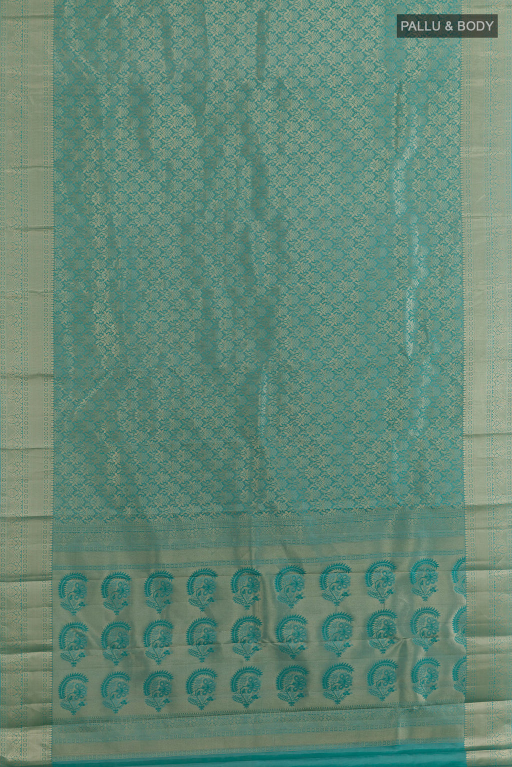 Flat view of Pure Silk Turquoise Kanjivaram Saree with Zari Brocade on the body and Zari Border. 