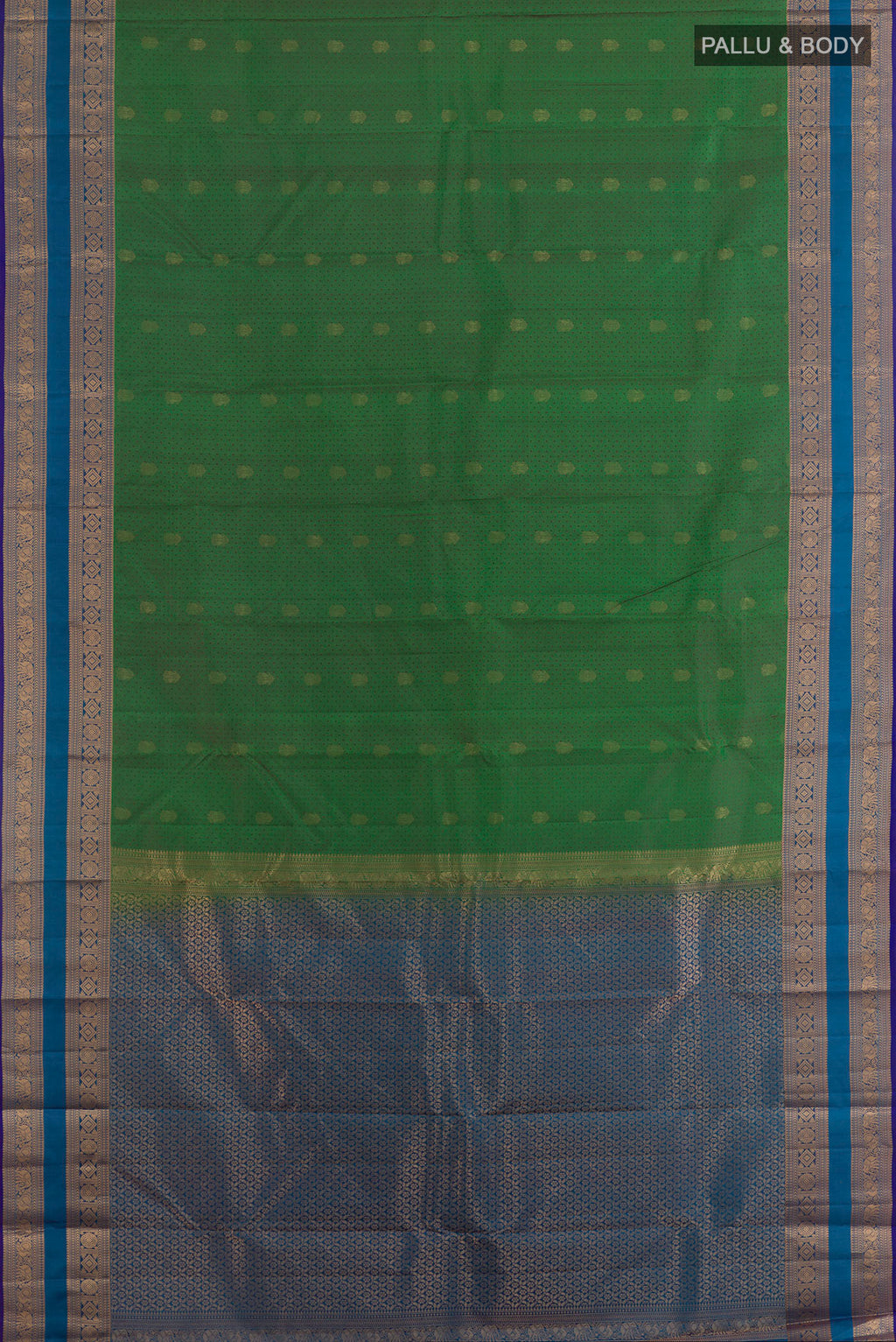 Flat view of Pure Silk Green Kanjivaram Saree with Jacquard With Zari Butta on the body and Zari Border. 