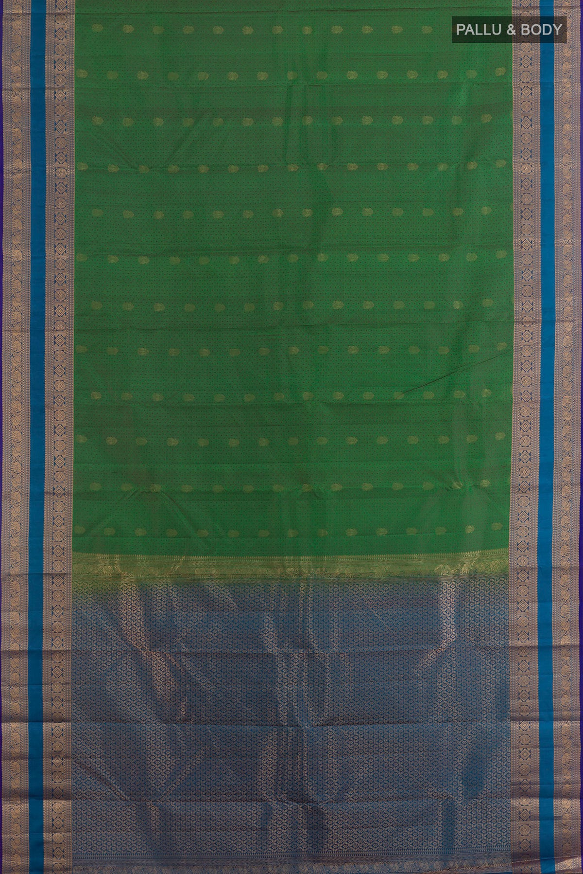 Flat view of Pure Silk Green Kanjivaram Saree with Jacquard With Zari Butta on the body and Zari Border. 
