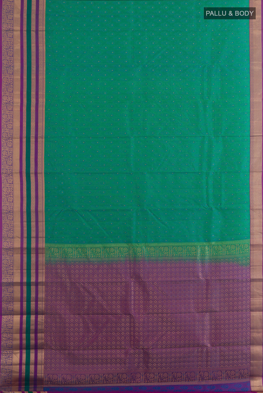 Flat view of Pure Silk Green Kanjivaram Saree with Jacquard With Zari Butta on the body and Zari Border. 