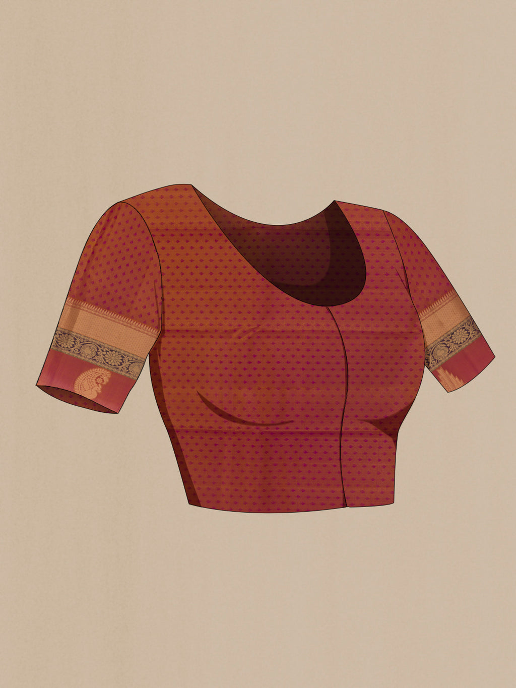 Close up image of the blouse of Pure Silk Purple Kanjivaram Saree with Jacquard design on the body and Zari Border. 