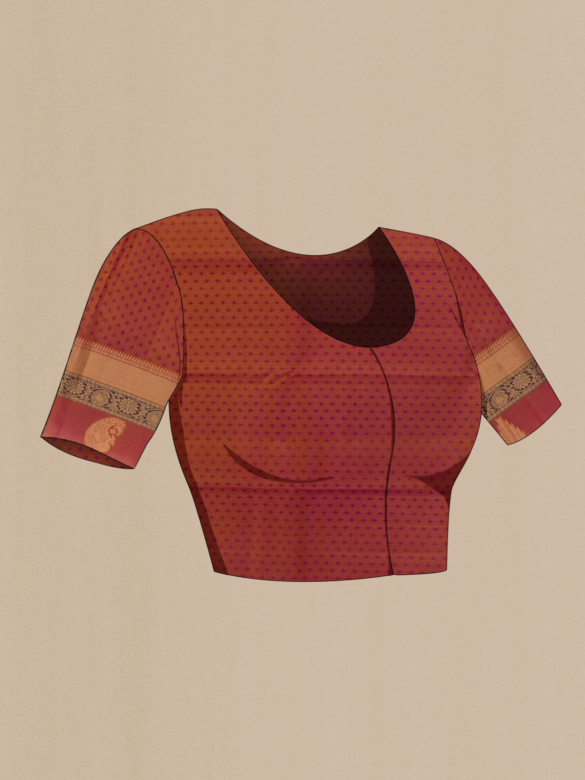 Close up image of the blouse of Pure Silk Purple Kanjivaram Saree with Jacquard design on the body and Zari Border. 