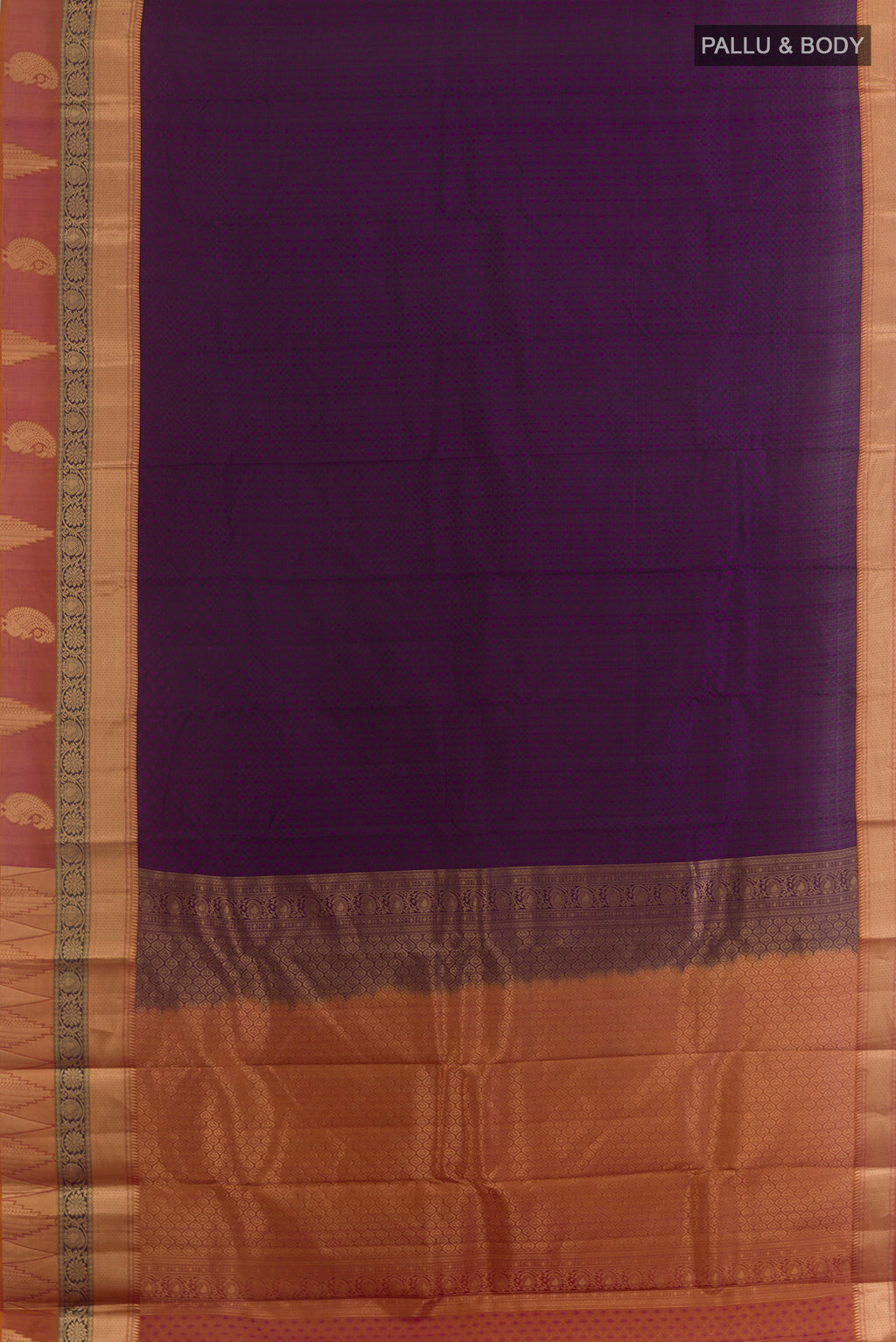 Flat view of Pure Silk Purple Kanjivaram Saree with Jacquard design on the body and Zari Border. 