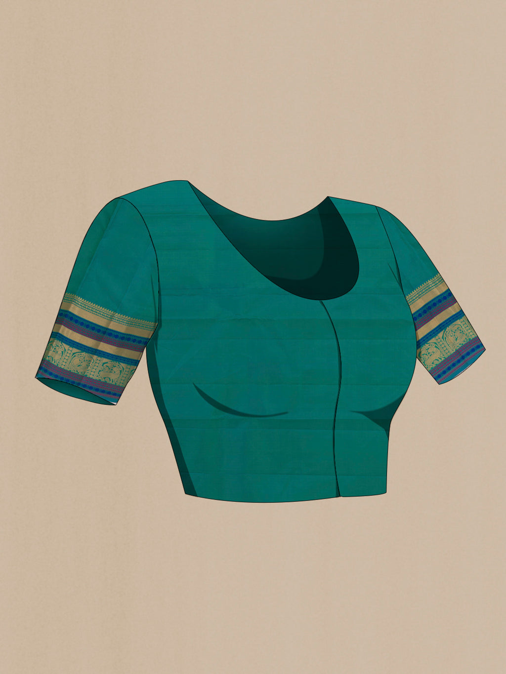 Close up image of the blouse of Pure Silk Parrot Green Kanchipuram Saree with Zari Butta on the body and Zari Border. 