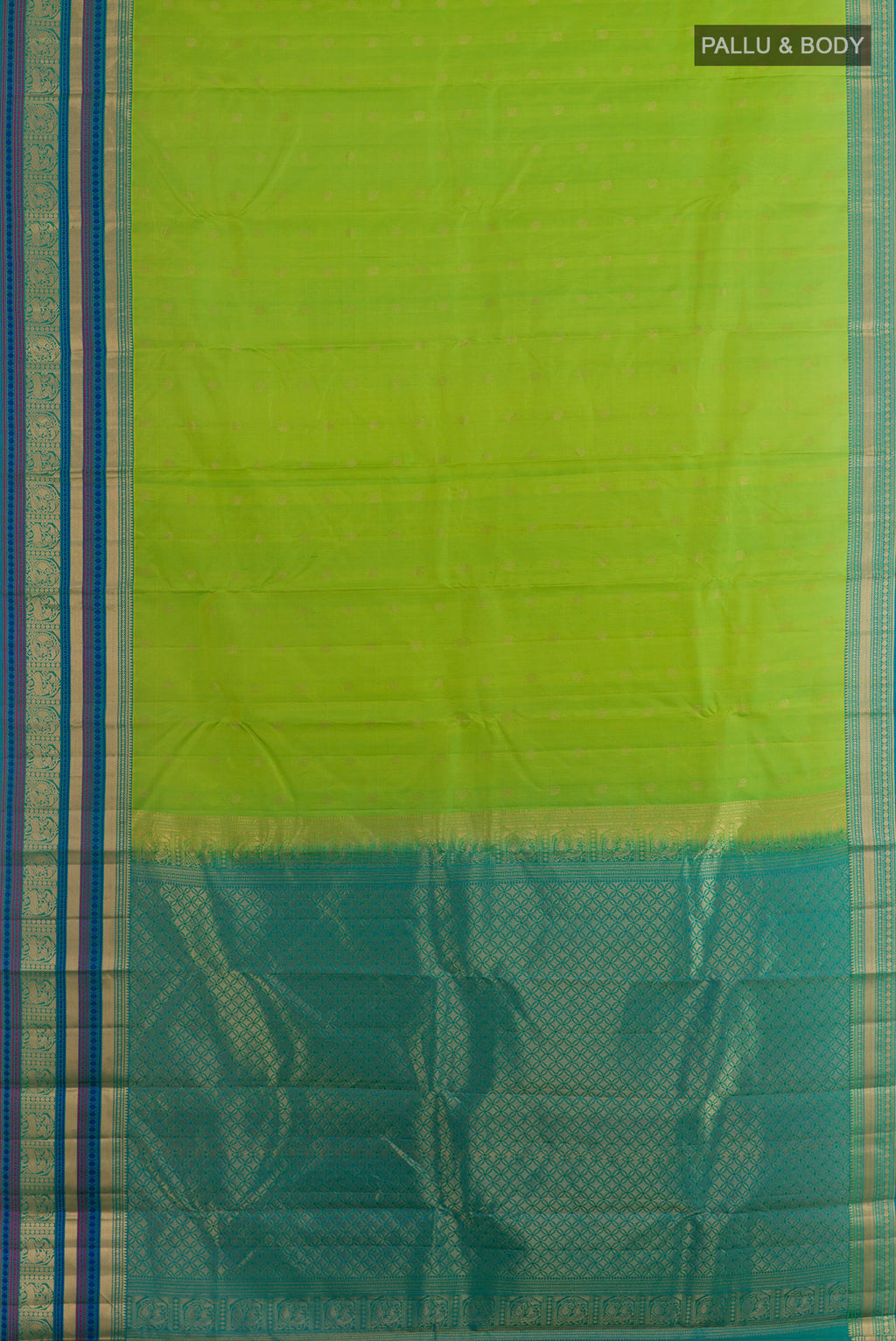 Flat view of Pure Silk Parrot Green Kanchipuram Saree with Zari Butta on the body and Zari Border. 