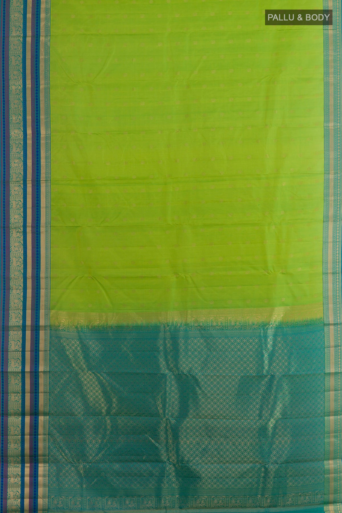 Flat view of Pure Silk Parrot Green Kanchipuram Saree with Zari Butta on the body and Zari Border. 