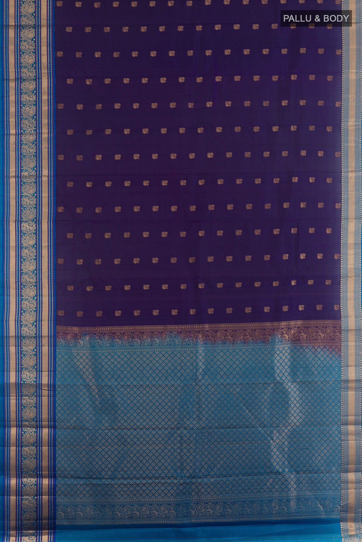 Flat view of Pure Silk Navy Blue Kanchipuram Saree with Zari Butta on the body and Zari Border. 