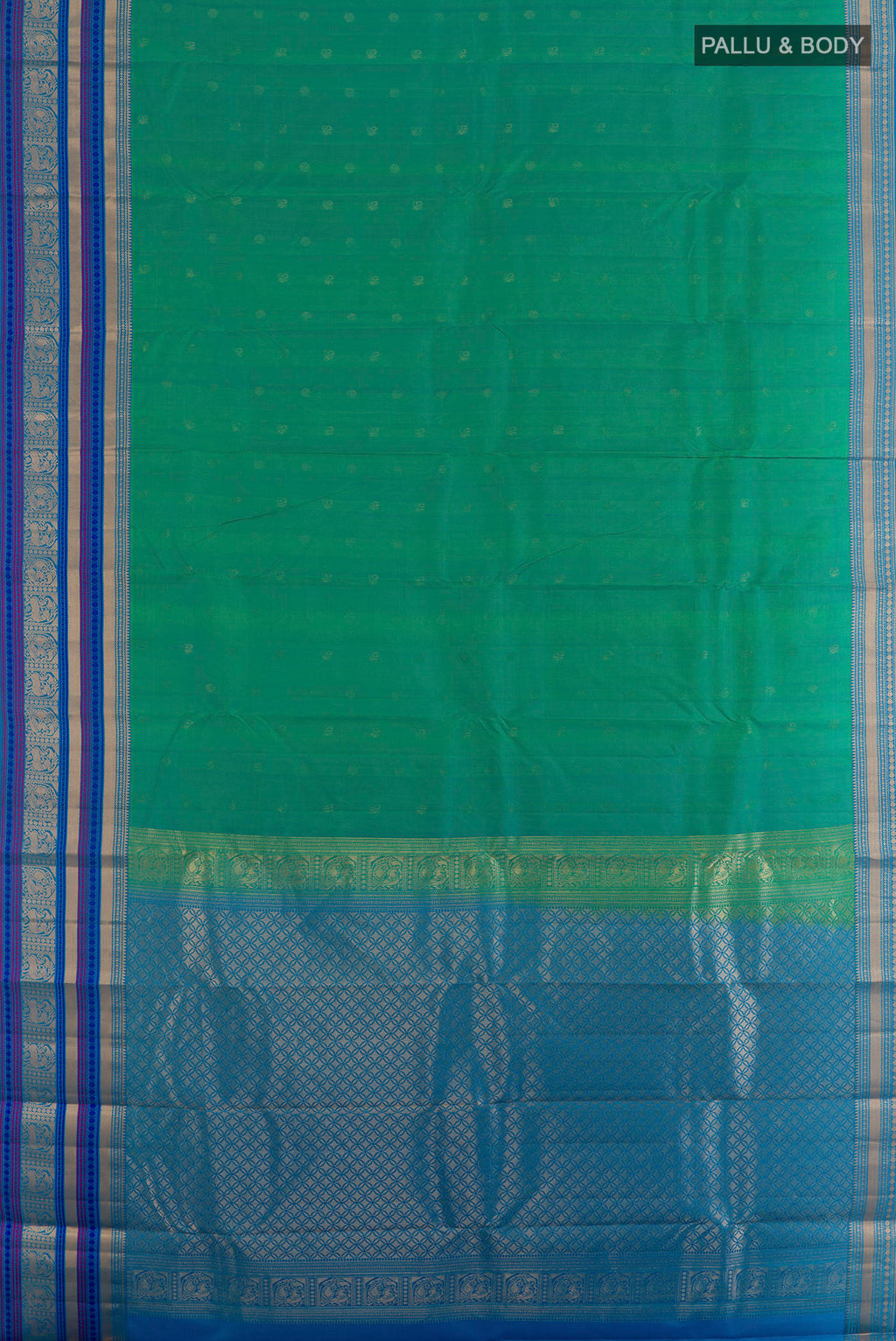Flat view of Pure Silk Green Kanchipuram Saree with Zari Butta on the body and Zari Border. 