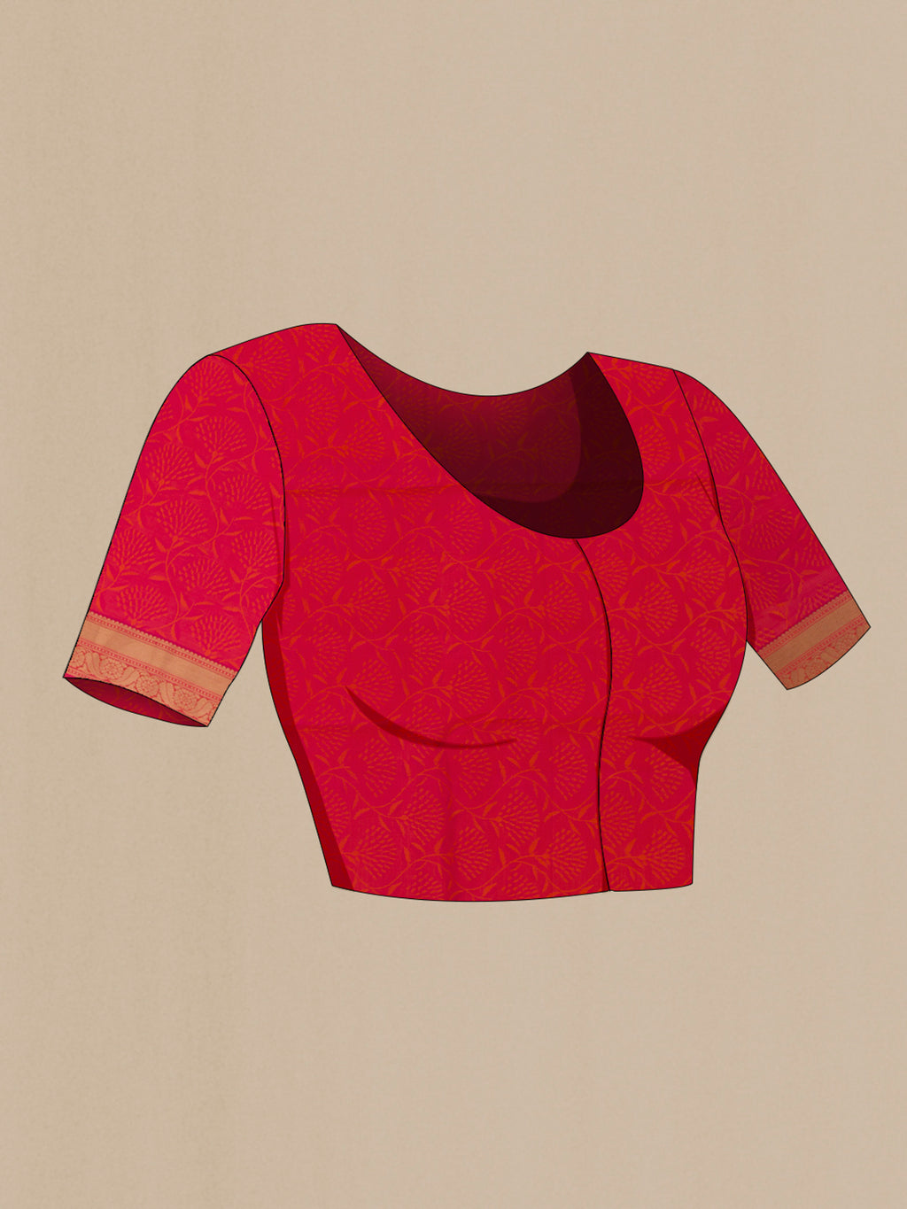 Close up image of the blouse of Pure Silk Orange Kanchipuram Saree with Jacquard With Zari Butta on the body and Zari Border. 
