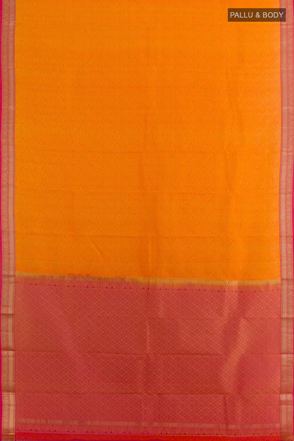 Flat view of Pure Silk Orange Kanchipuram Saree with Jacquard With Zari Butta on the body and Zari Border. 