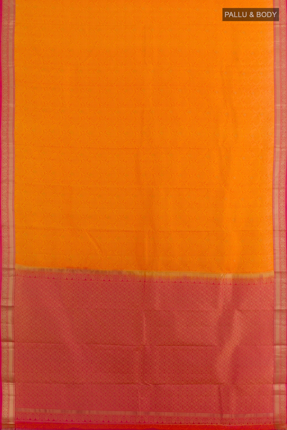 Flat view of Pure Silk Orange Kanchipuram Saree with Jacquard With Zari Butta on the body and Zari Border. 