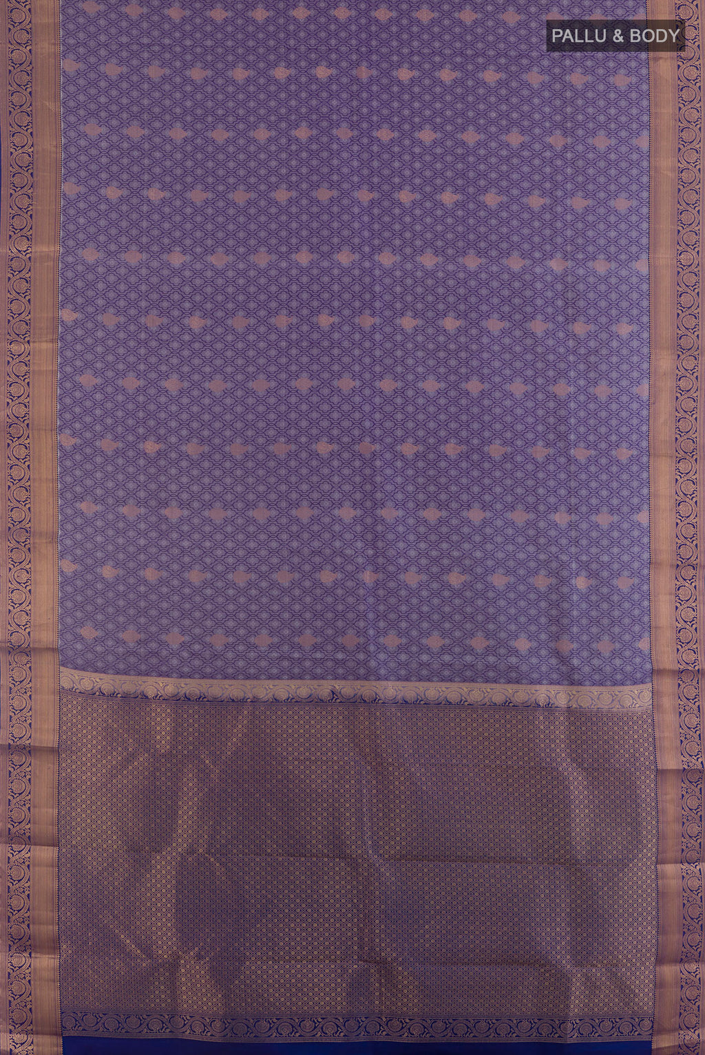 Flat view of Pure Silk Lilac Kanchipuram Saree with Jacquard With Zari Butta on the body and Zari Border. 