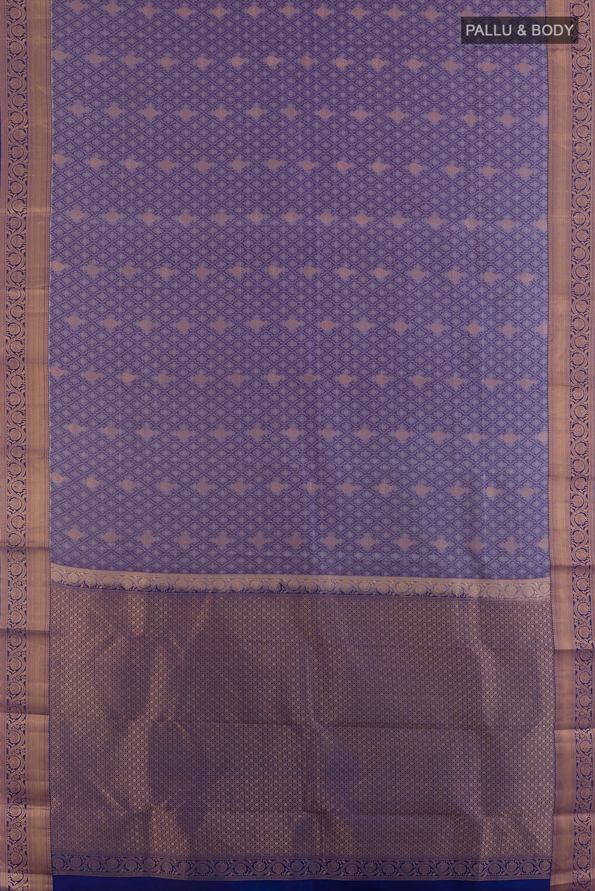 Flat view of Pure Silk Lilac Kanchipuram Saree with Jacquard With Zari Butta on the body and Zari Border. 