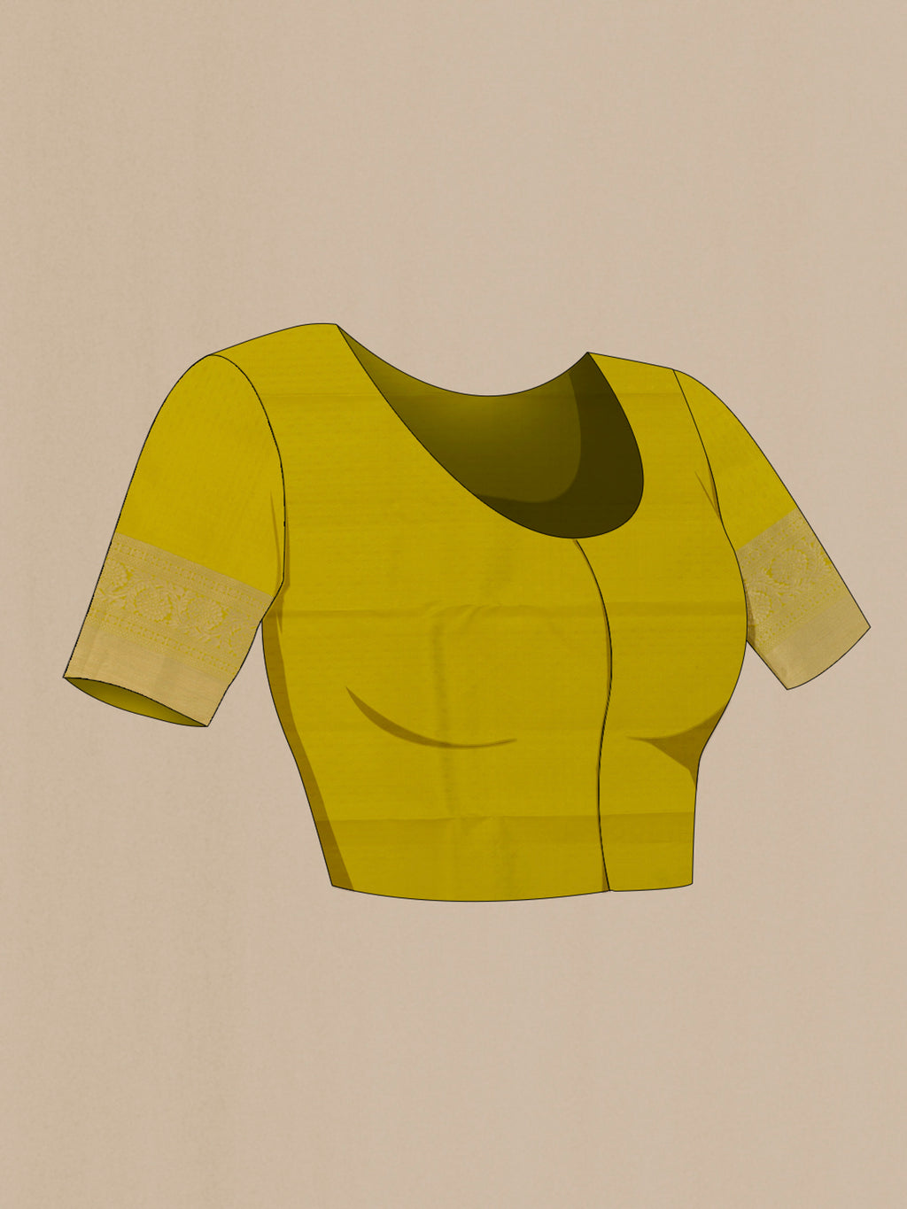 Close up image of the blouse of Pure Silk Yellow Kanchipuram Saree with Jacquard With Zari Butta on the body and Zari Border. 
