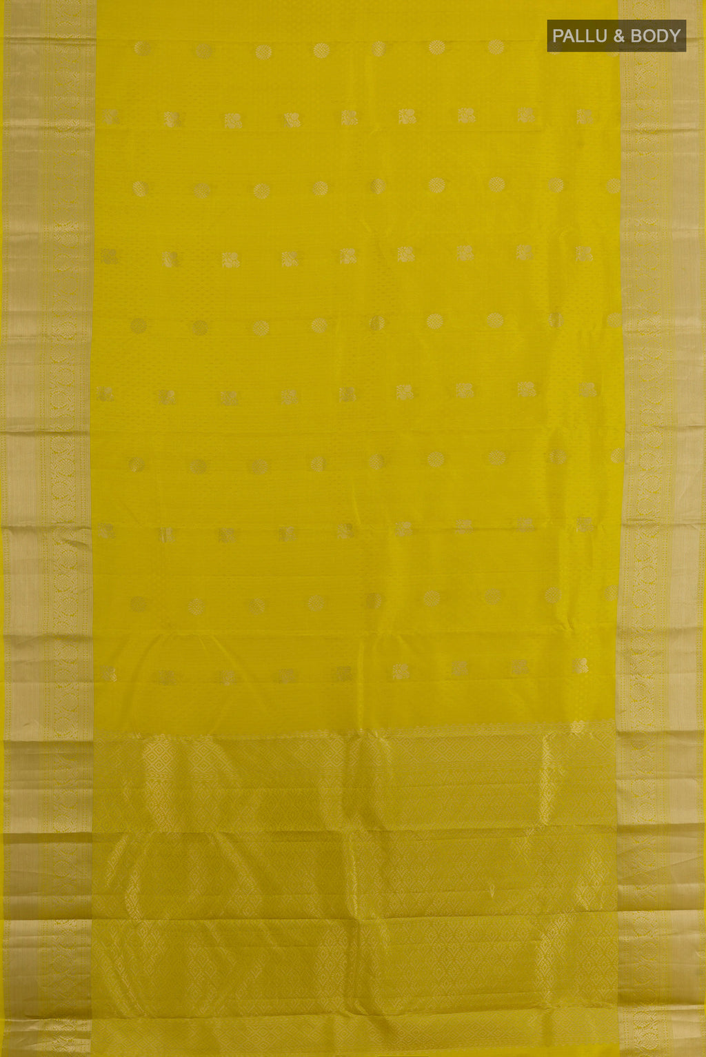 Flat view of Pure Silk Yellow Kanchipuram Saree with Jacquard With Zari Butta on the body and Zari Border. 