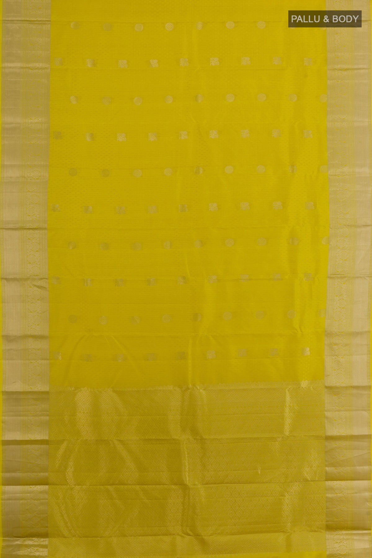 Flat view of Pure Silk Yellow Kanchipuram Saree with Jacquard With Zari Butta on the body and Zari Border. 