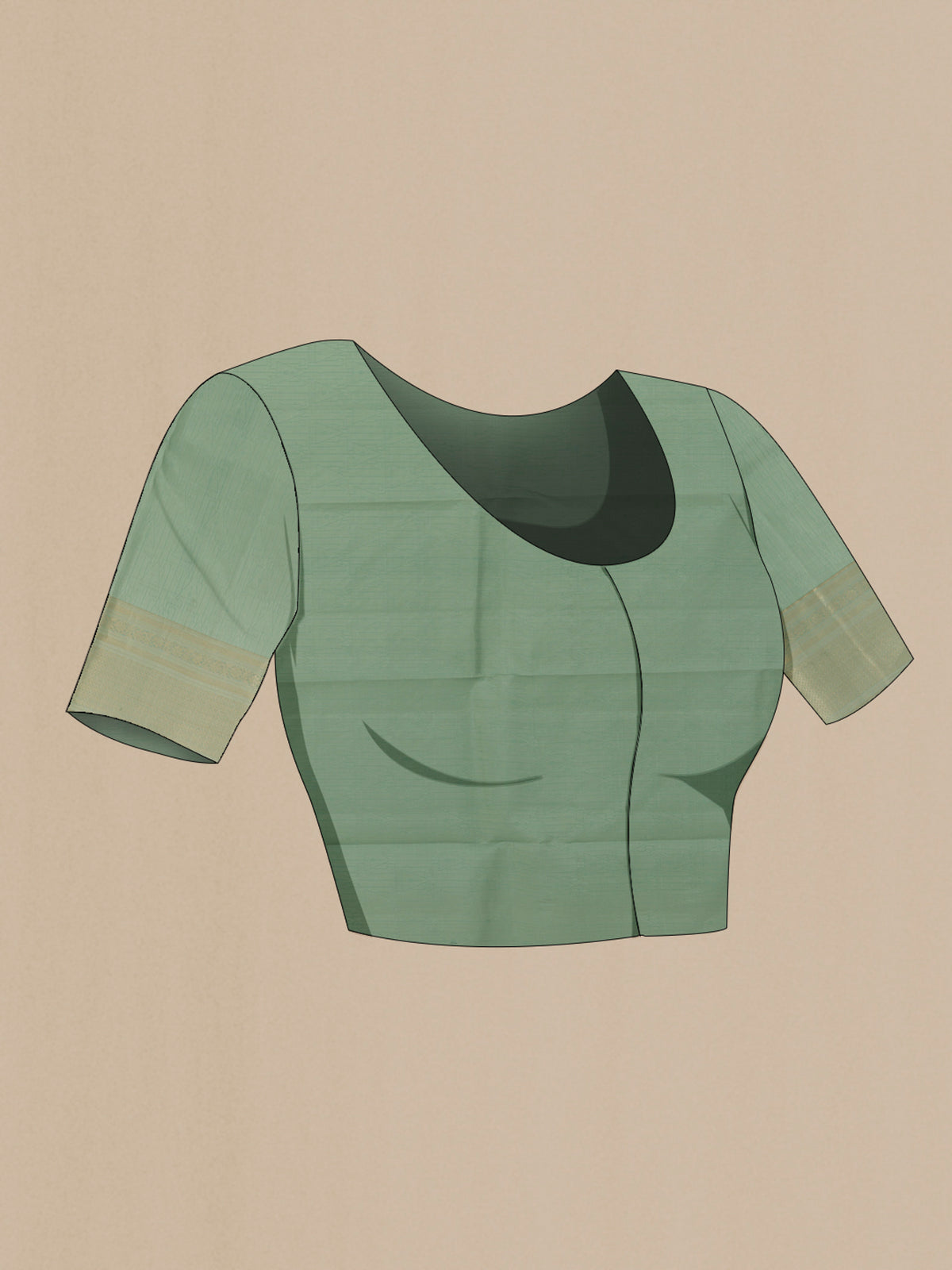 Close up image of the blouse of Pure Silk Sage Green Kanchipuram Saree with Stripes on the body and Zari Border. 