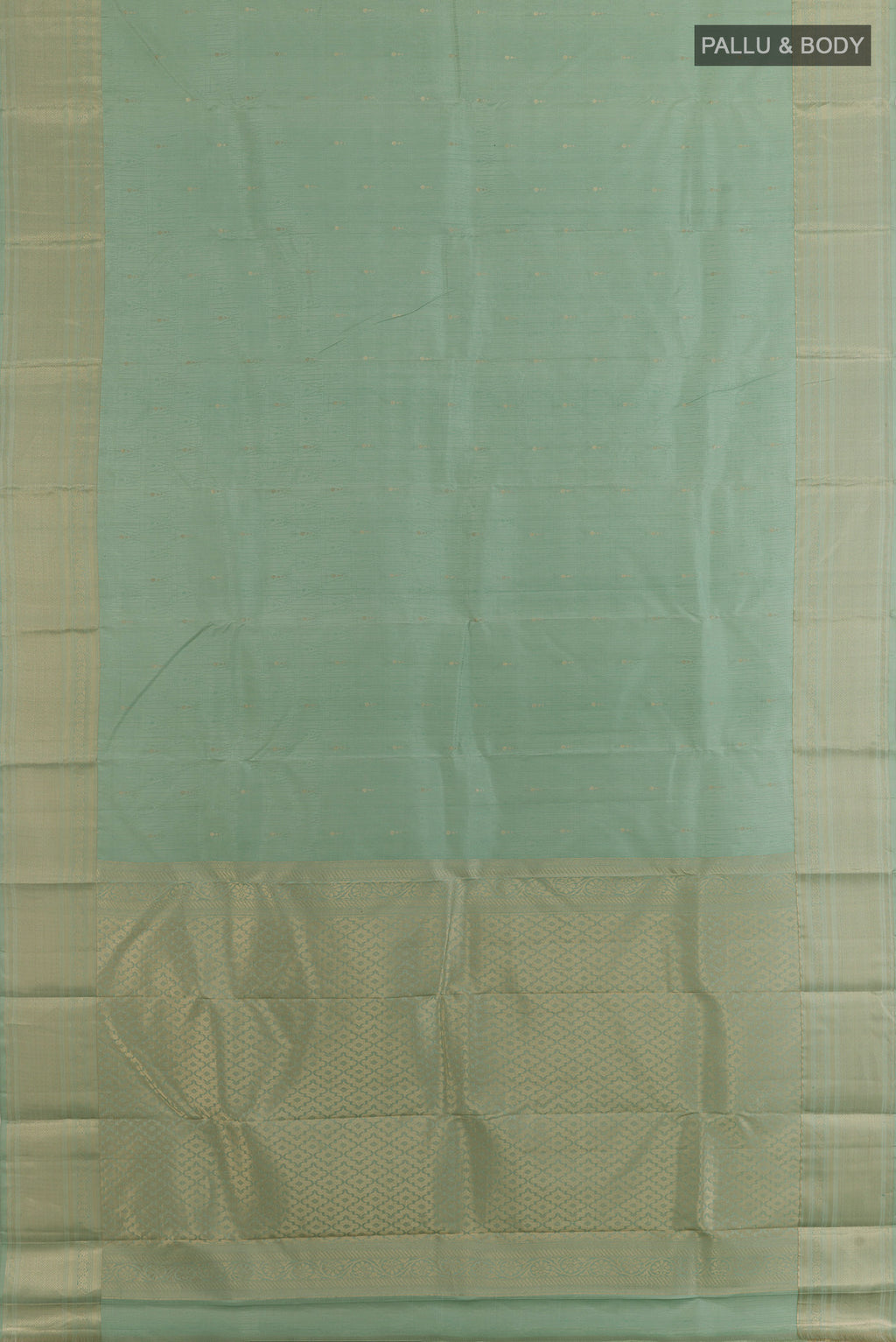 Flat view of Pure Silk Sage Green Kanchipuram Saree with Stripes on the body and Zari Border. 