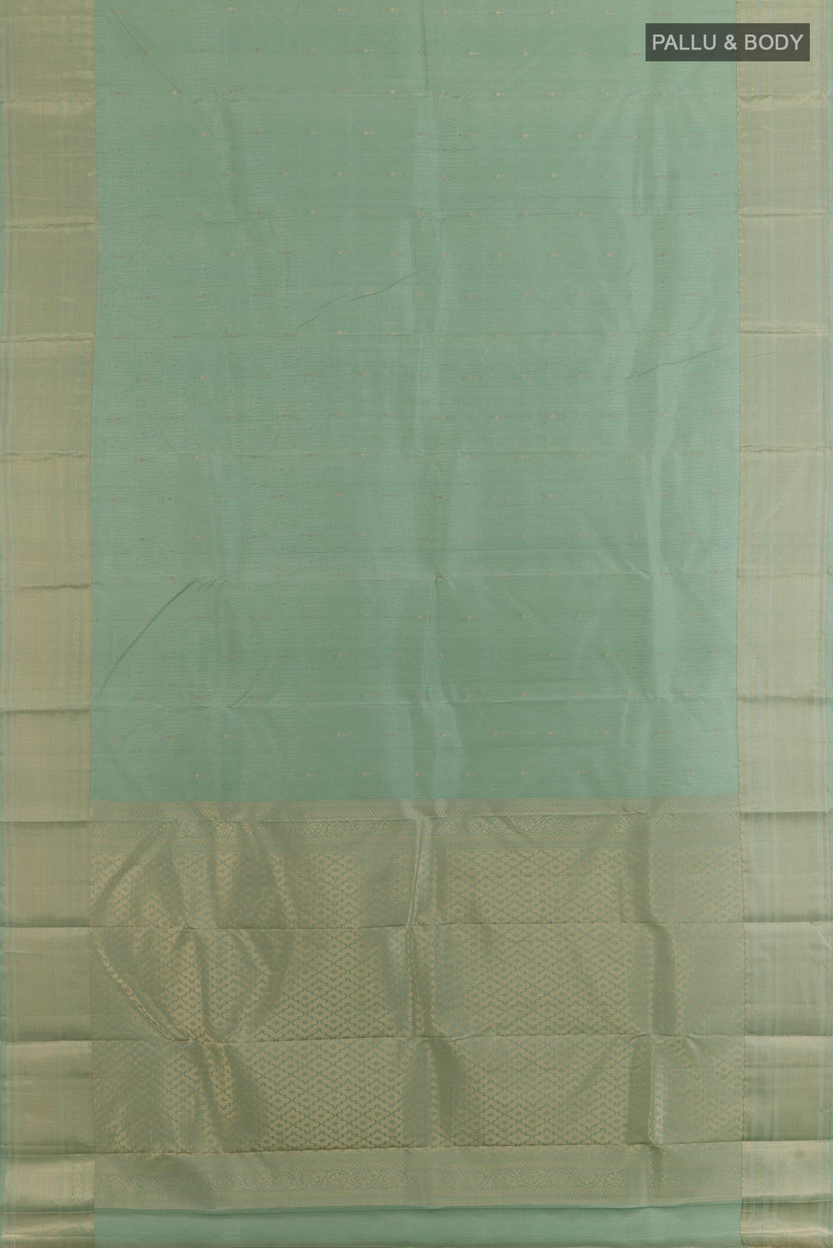 Flat view of Pure Silk Sage Green Kanchipuram Saree with Stripes on the body and Zari Border. 