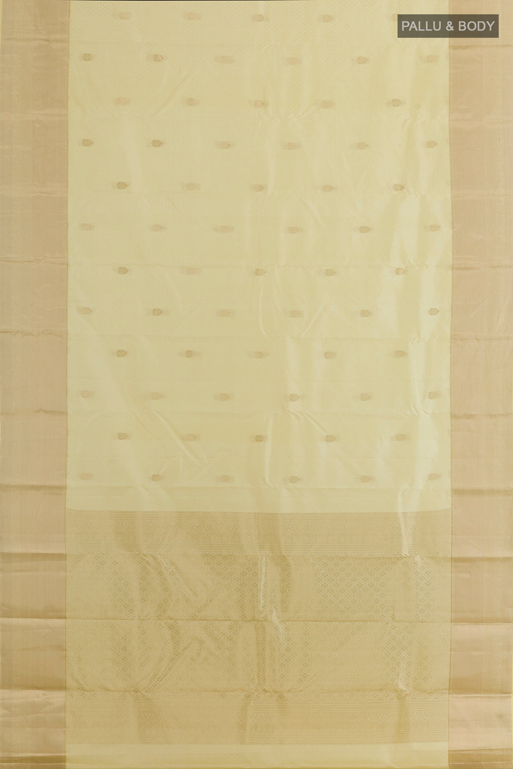 Flat view of Pure Silk Cream Kanchipuram Saree with Jacquard With Zari Butta on the body and Zari Border. 