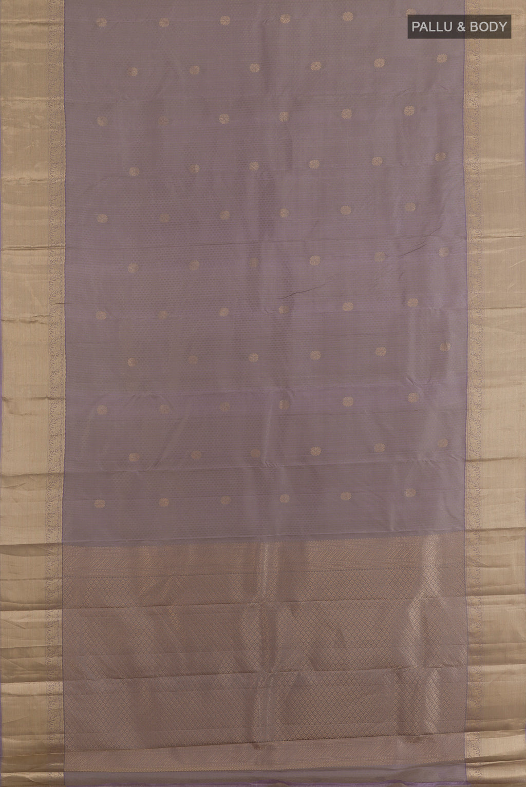 Flat view of Pure Silk Davys Grey Kanchipuram Saree with Jacquard With Zari Butta on the body and Zari Border. 