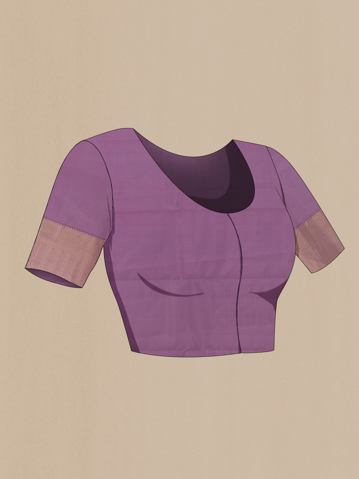 Close up image of the blouse of Pure Silk Lavender Kanchipuram Saree with Jacquard With Zari Butta on the body and Zari Border. 