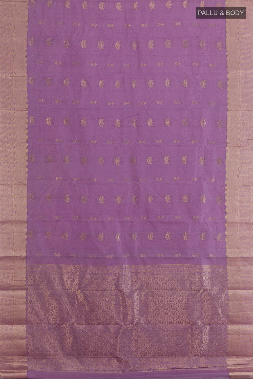 Flat view of Pure Silk Lavender Kanchipuram Saree with Jacquard With Zari Butta on the body and Zari Border. 