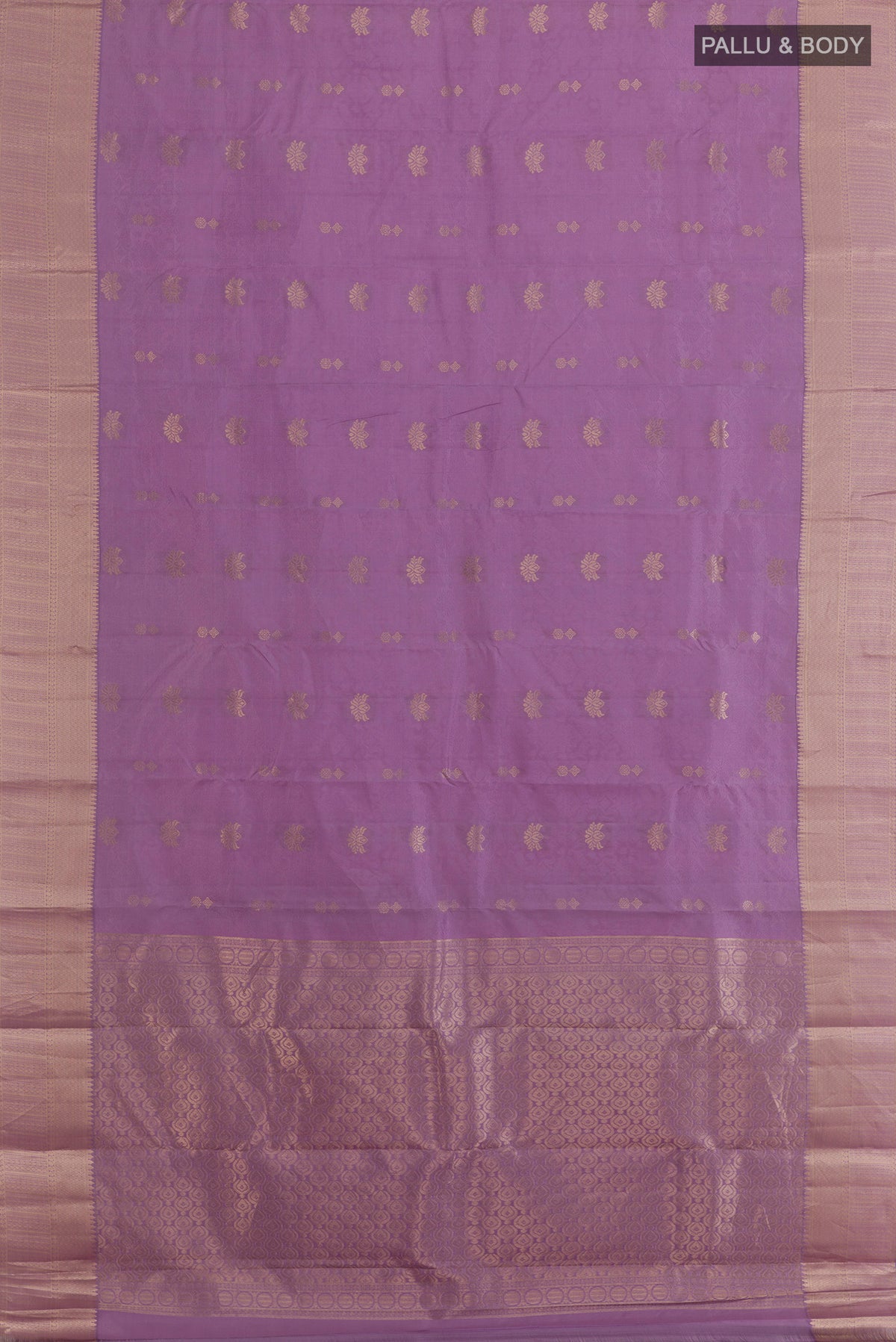 Flat view of Pure Silk Lavender Kanchipuram Saree with Jacquard With Zari Butta on the body and Zari Border. 