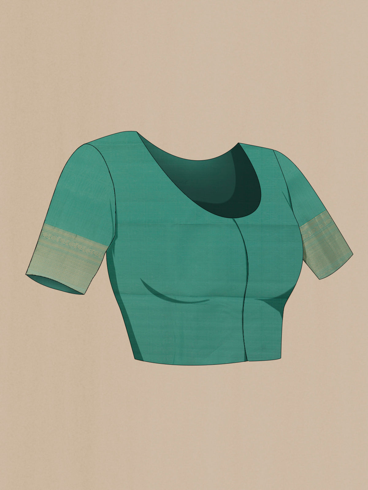 Close up image of the blouse of Pure Silk Sea Green Kanchipuram Saree with Jacquard With Zari Butta on the body and Zari Border. 