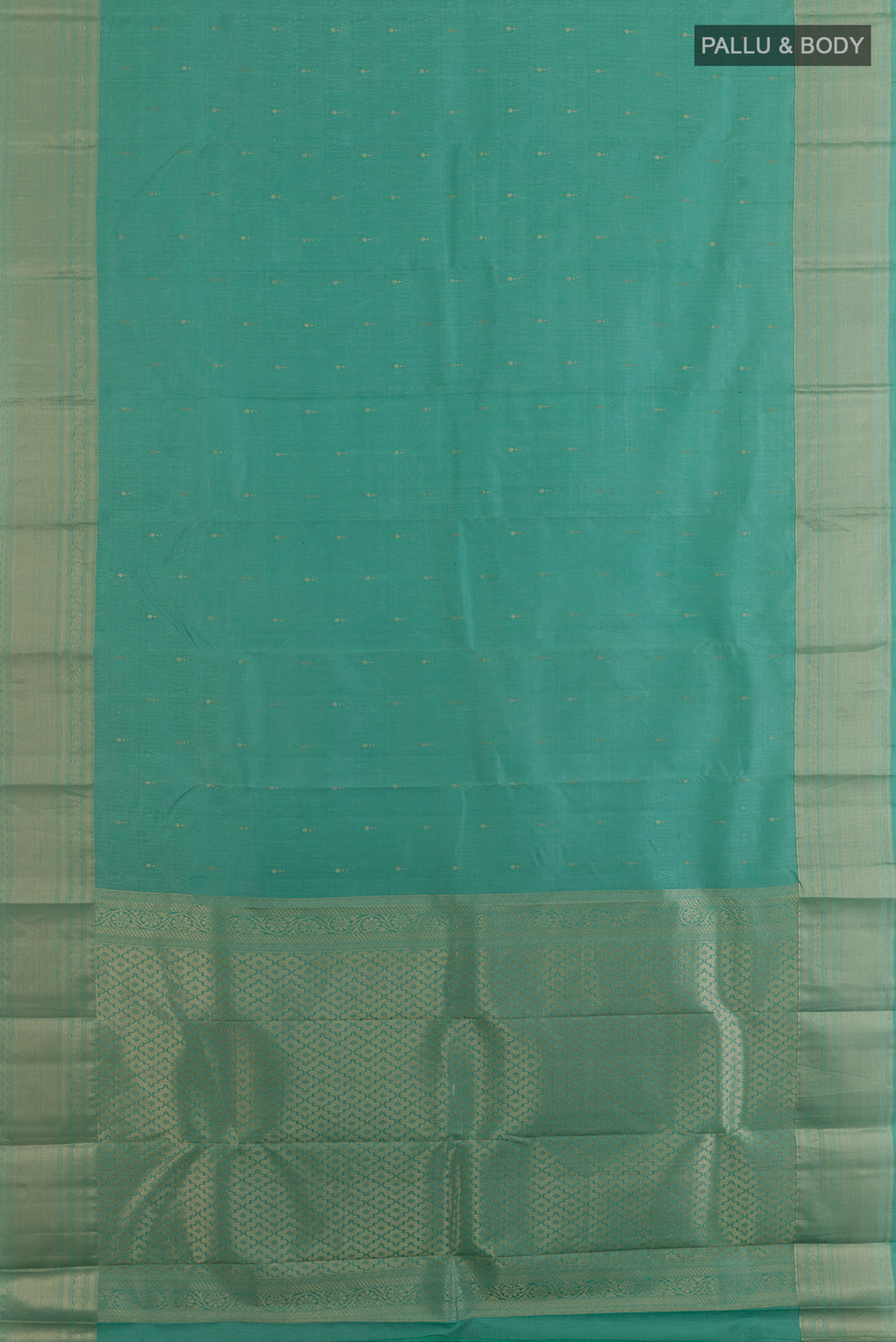 Flat view of Pure Silk Sea Green Kanchipuram Saree with Jacquard With Zari Butta on the body and Zari Border. 