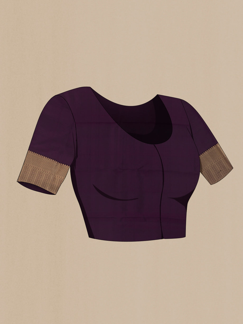 Close up image of the blouse of Pure Silk Purple Kanchipuram Saree with Jacquard With Zari Butta on the body and Zari Border. 
