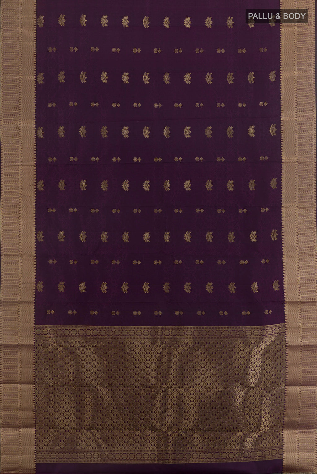 Flat view of Pure Silk Purple Kanchipuram Saree with Jacquard With Zari Butta on the body and Zari Border. 